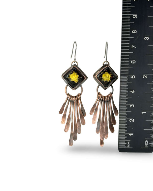 Copper Stick Earrings with Carved Amber