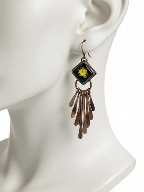 Copper Stick Earrings with Carved Amber