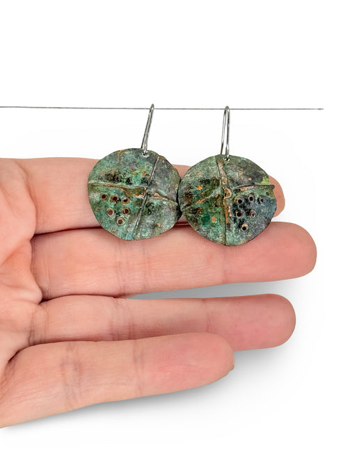 Round Copper Green Patina Hole Earrings