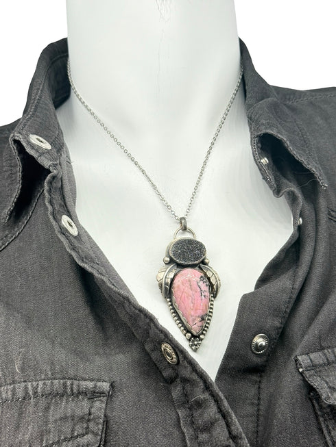 Colgante DUO con Rodocrosita y Obsidiana Drusa