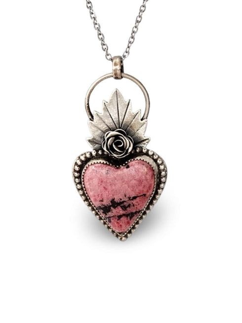 Colgante Corazón Rodonita con Rosa y Llama