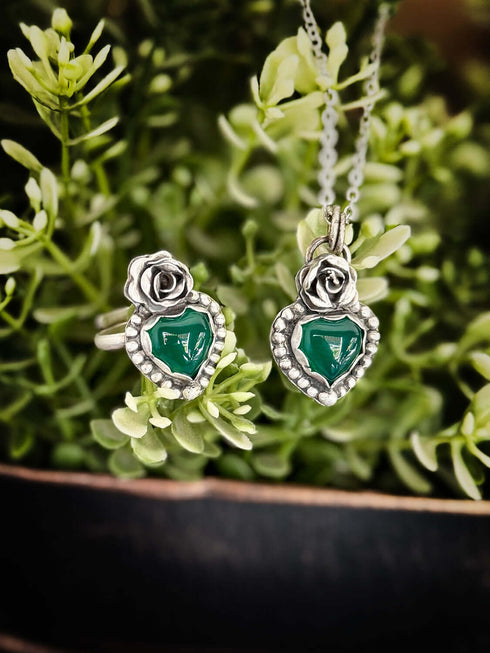 Green Agate Heart Pendant and Ring Set