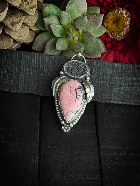 Colgante DUO con Rodocrosita y Obsidiana Drusa